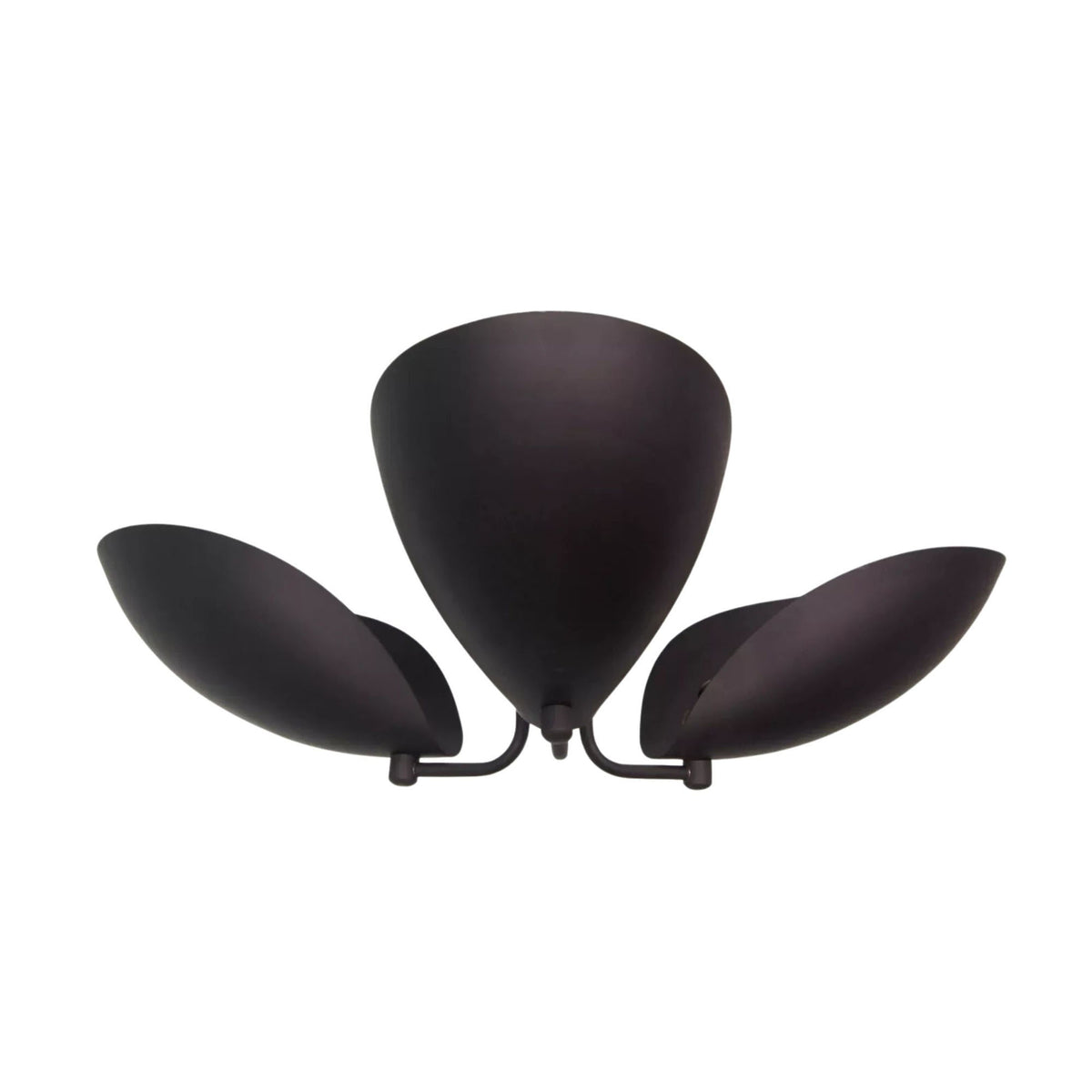 Sloane sculptural 3 light flush mount with curved petal shades in dark bronze finish, angled view