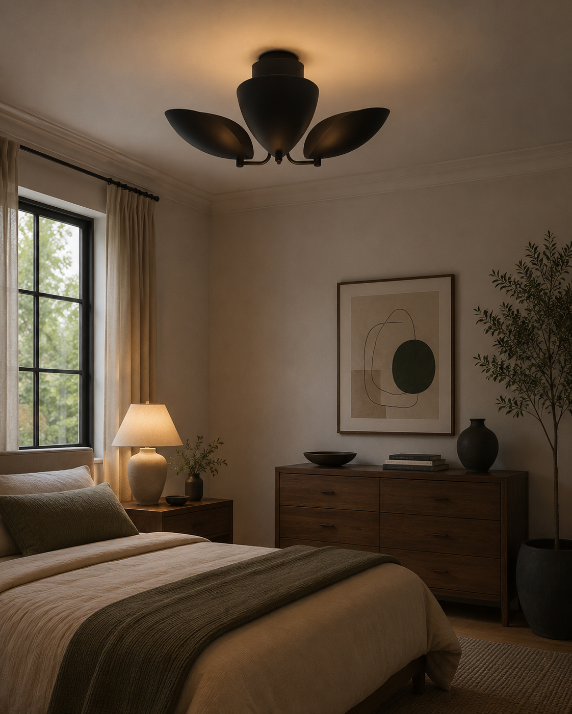 Sloane dark bronze sculptural petal flush mount installed on ceiling in a warm modern bedroom interior