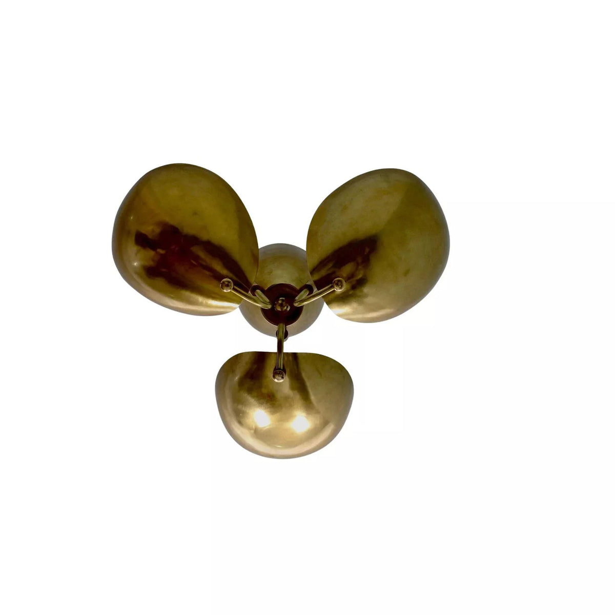 Sloane 3 light brass petal flush mount ceiling light showing curved shades from bottom view
