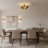 Sloane 3 light sculptural petal flush mount ceiling fixture in polished brass finish, front view