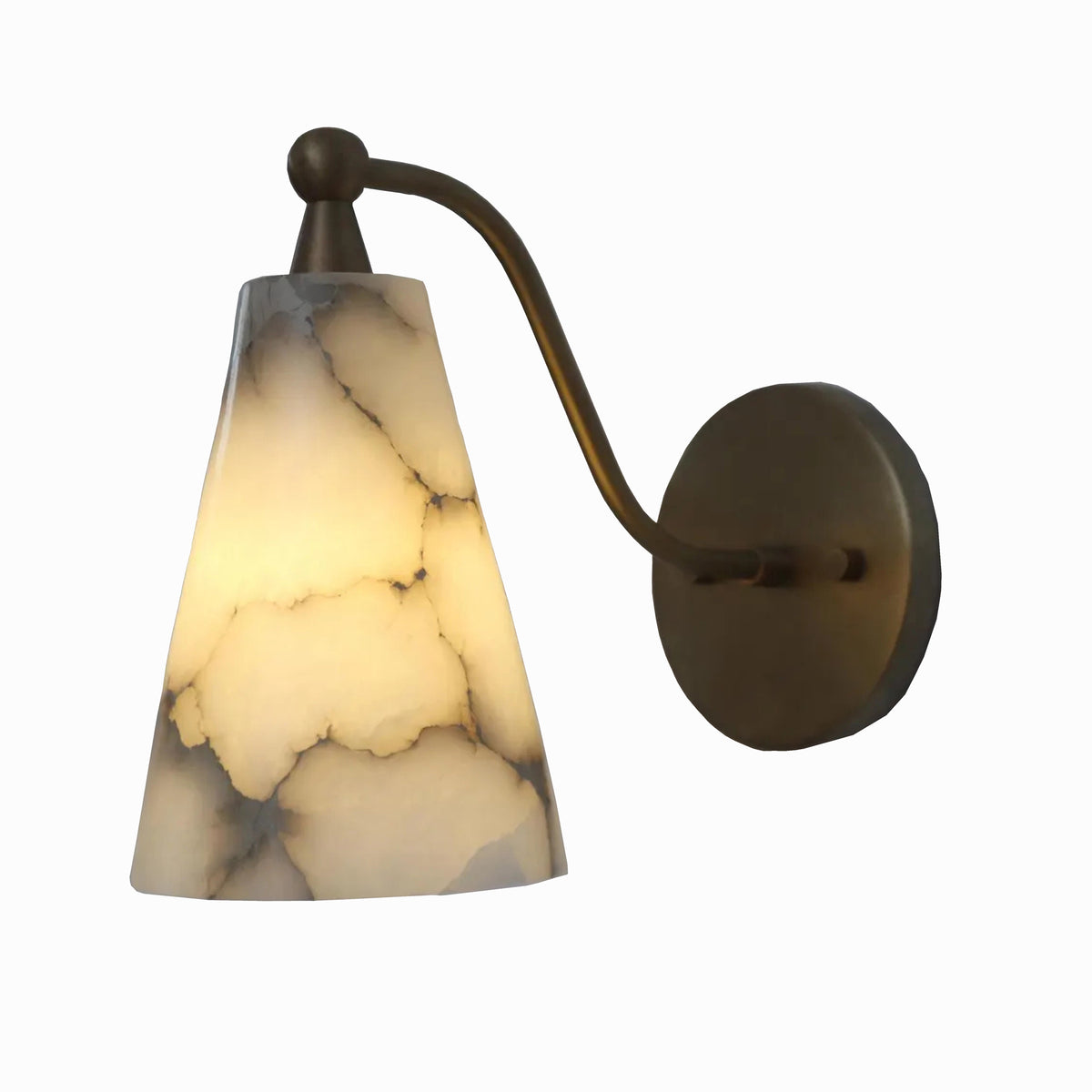 Close-up detail of the Sloane tapered alabaster wall sconce showcasing the natural veining of the handcrafted alabaster shade and elegant curved solid brass arm.