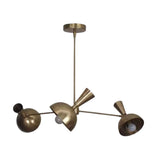 Angled view of the Soho 3 light brass chandelier featuring rounded dome shades, tapered accents and a linear branching frame.
