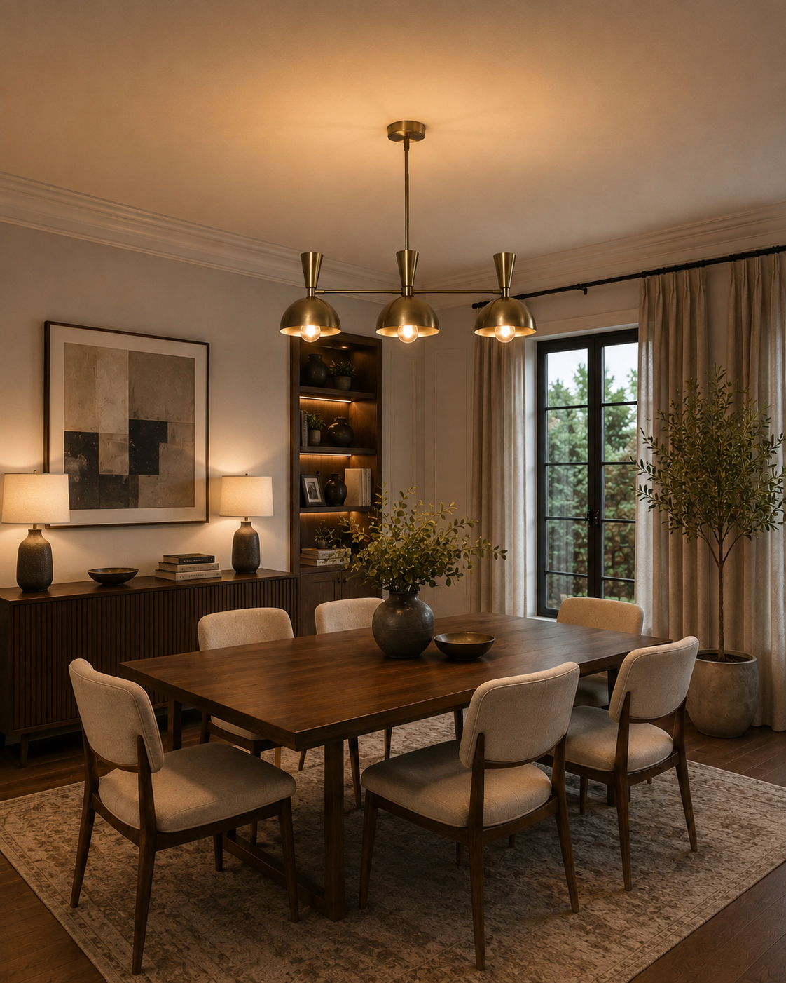 Soho 3 light brass dome chandelier displayed above a large wooden dining table in a warm Mid-Century Modern dining room.