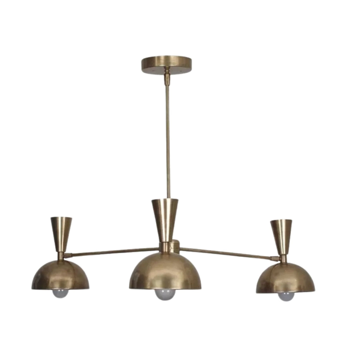 Soho 3 light brass-tone dome chandelier shown from the front with three sculptural metal shades and a slender downrod.