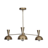 Soho 3 light brass-tone dome chandelier shown from the front with three sculptural metal shades and a slender downrod.