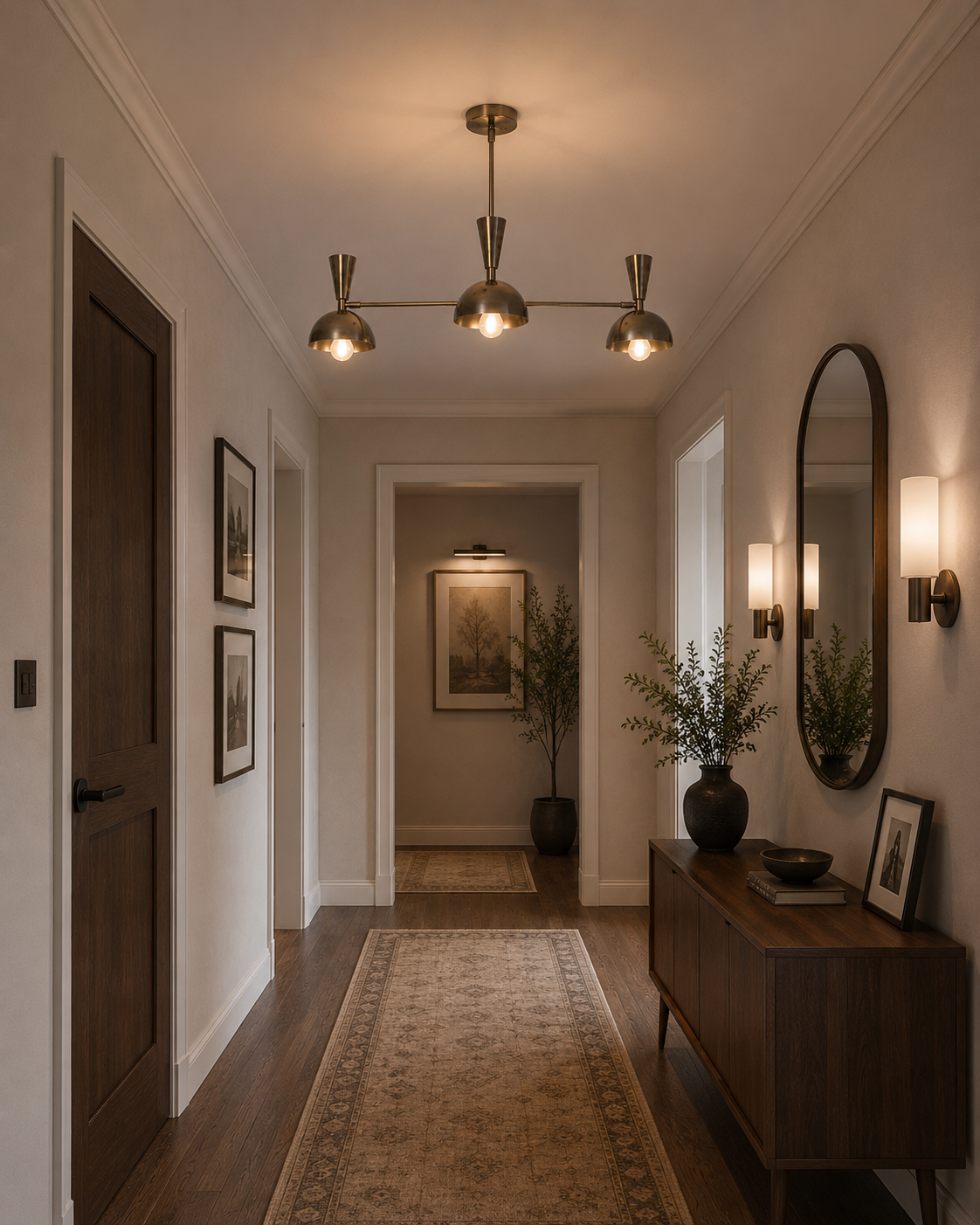 Soho 3 light brass dome chandelier illuminating a refined hallway with warm wood furniture and neutral contemporary decor.