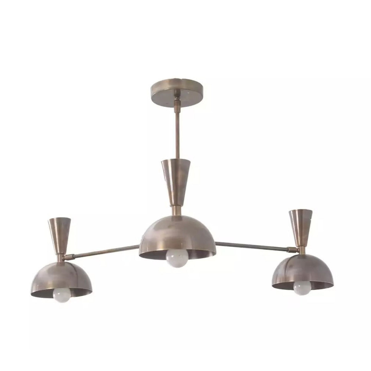 Lower angled view of the Soho 3 light chandelier highlighting its brass-tone dome shades and exposed globe bulbs.