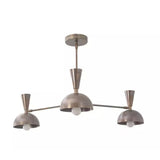 Lower angled view of the Soho 3 light chandelier highlighting its brass-tone dome shades and exposed globe bulbs.