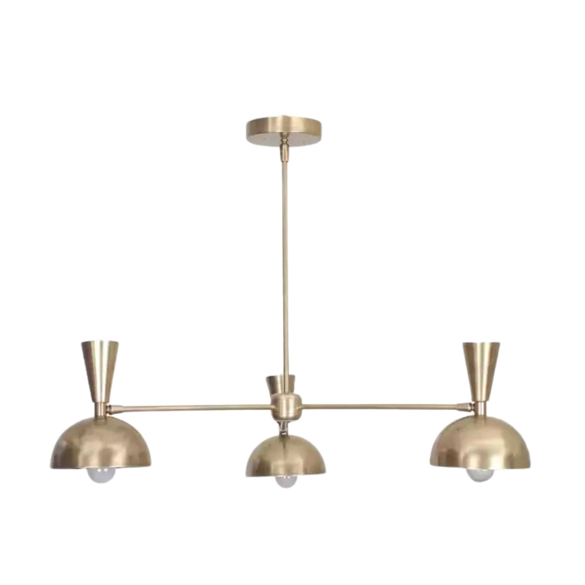 Rear view of the Soho 3 light brass-tone chandelier showing its balanced three-shade arrangement and linear metal arms.
