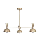 Rear view of the Soho 3 light brass-tone chandelier showing its balanced three-shade arrangement and linear metal arms.