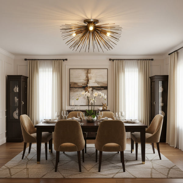 Soho 5 light antique brass tone sunburst ceiling chandelier highlighting its sculptural radiating rod design and warm illumination.