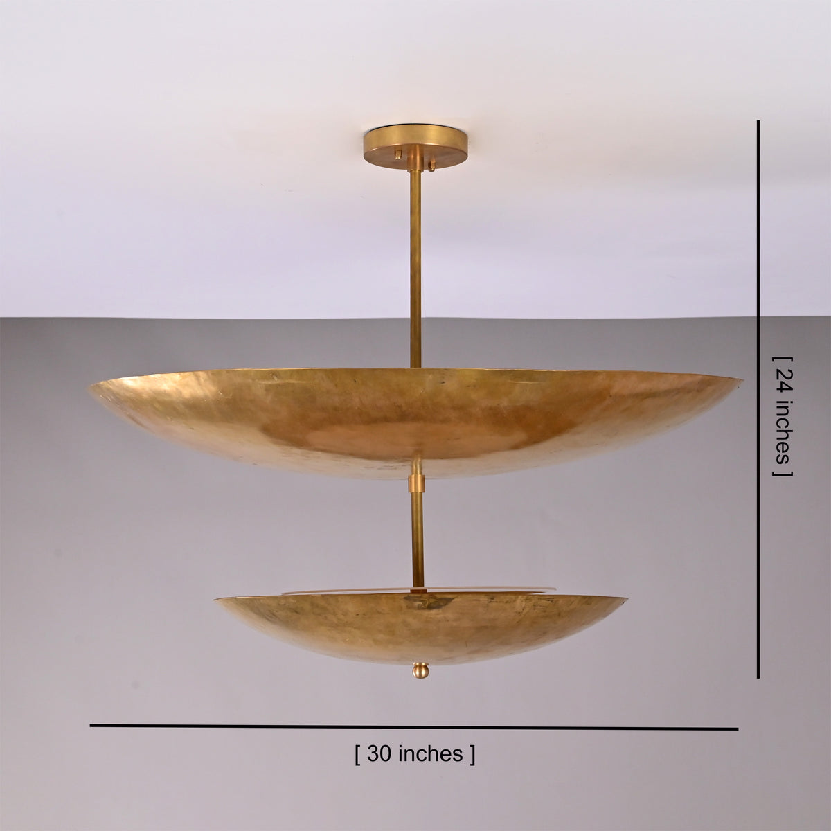 Solara Double Saucer Pendant Light shown with 30 inch width and 24 inch overall height dimensions.