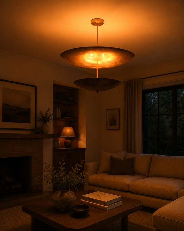 Solara Double Saucer Pendant Light installed in a warm living room with soft ambient ceiling glow.