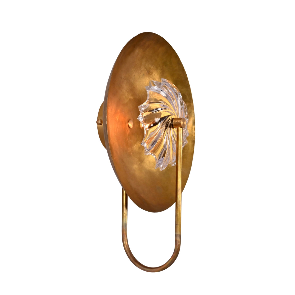 Angled product view of Solara halo glass disc wall sconce showing round disc, glass center, and U-shaped rod frame.