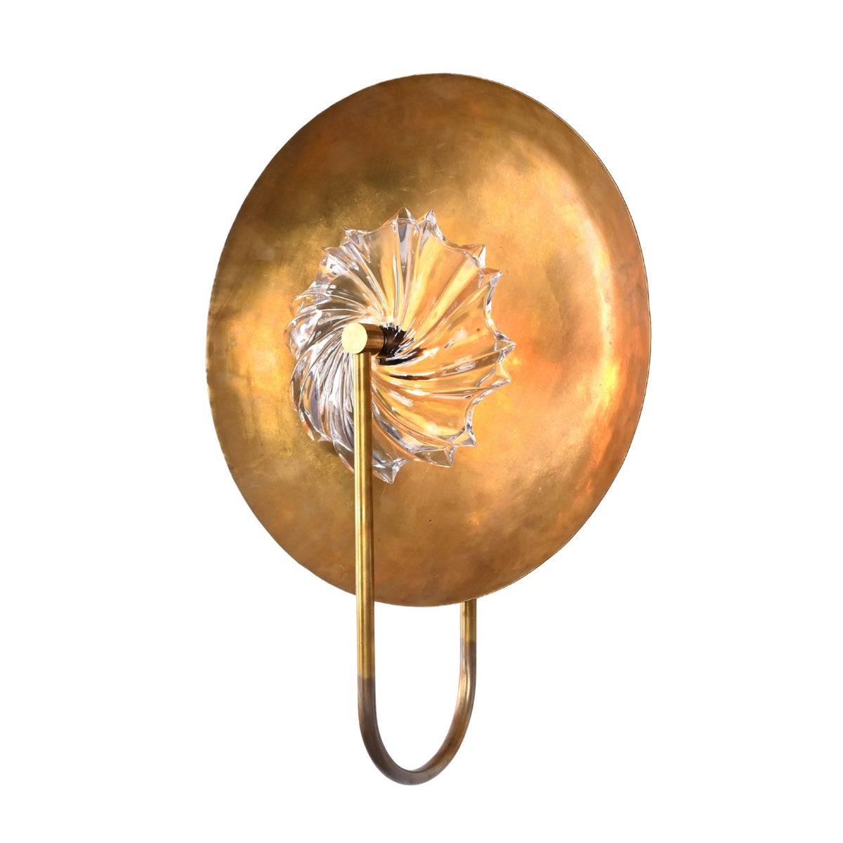 Front view of Solara halo glass disc wall sconce with round back disc and clear textured glass center.
