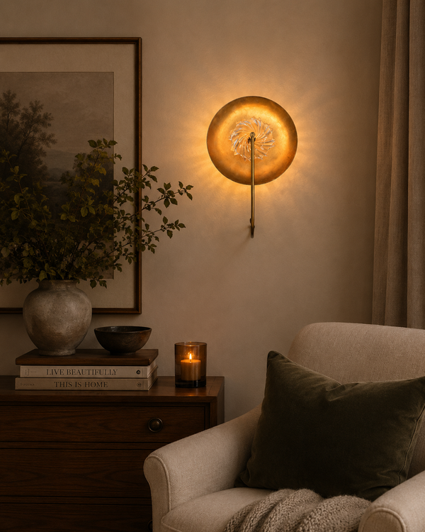 Solara halo glass disc wall sconce installed beside a lounge chair with warm decorative accent lighting.