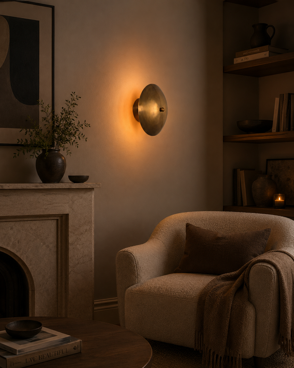Solene Shield Wall Sconce installed in a cozy living room beside fireplace, shelves, and lounge chair.