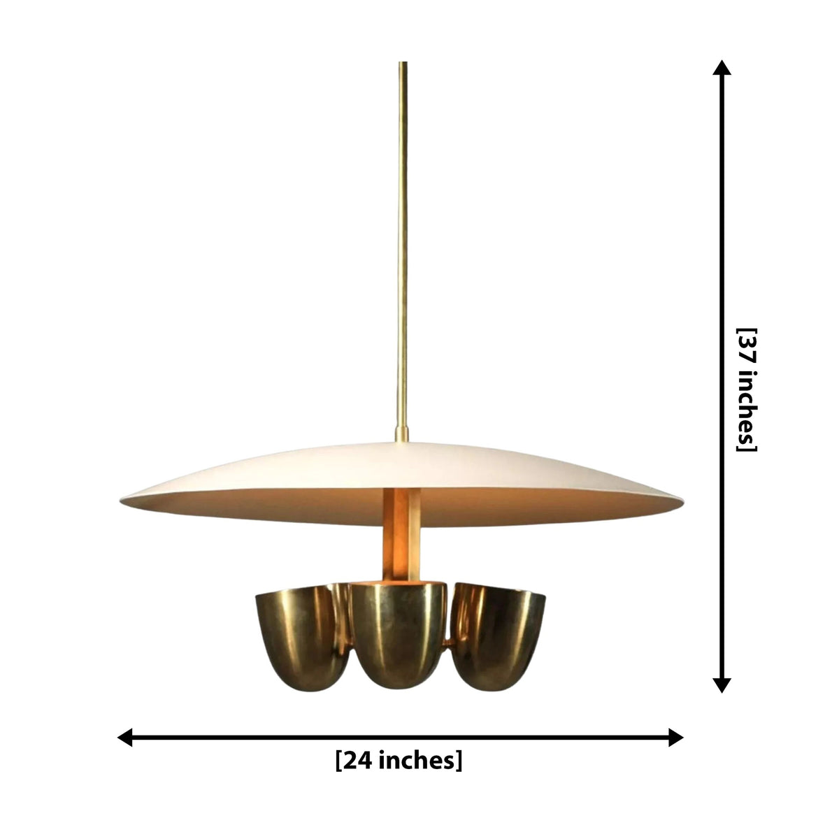 Sonoma 4 light sculptural disc chandelier dimension view showing 24 inch width and 37 inch overall height.