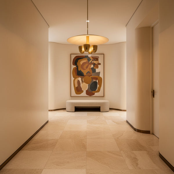 Sonoma 4 light sculptural chandelier shown from the front with a wide cream disc shade, brass-tone bowl lights, and slender downrod.