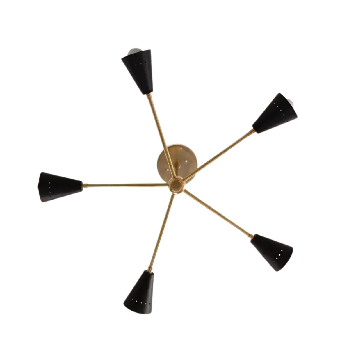 Bottom view of Sorrento 5-light Sputnik chandelier showing five evenly spaced brass-tone arms extending from a central hub to black cone shades.