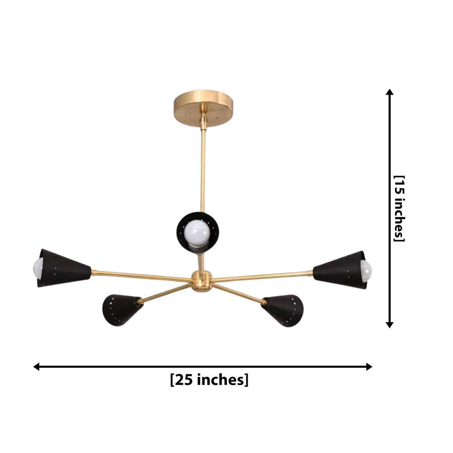 Straight front view of Sorrento black and brass 5-light chandelier with geometric cone holders and exposed globe bulbs.