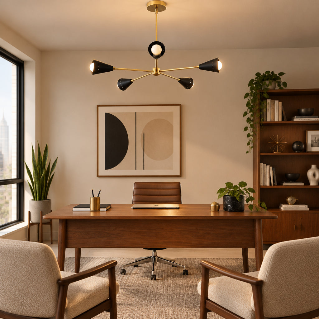 Straight front view of Sorrento black and brass 5-light chandelier with geometric cone holders and exposed globe bulbs.