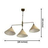 Sorrento 3 light brass linen cone chandelier dimension view showing 26 inch width and 40 inch height.