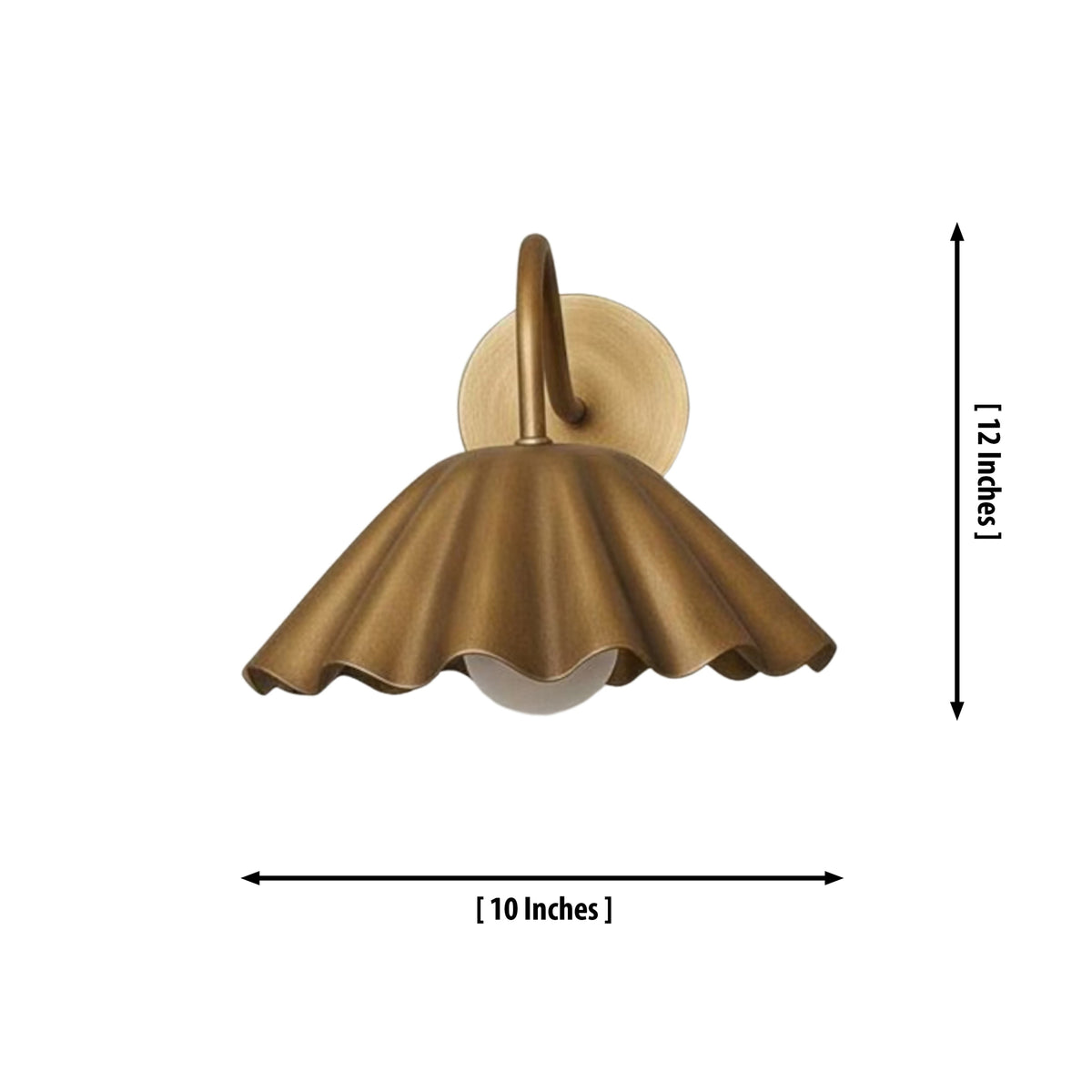 Dimension illustration of the Sorrento brass pleated dome wall sconce showing 12-inch height and 10-inch shade diameter.