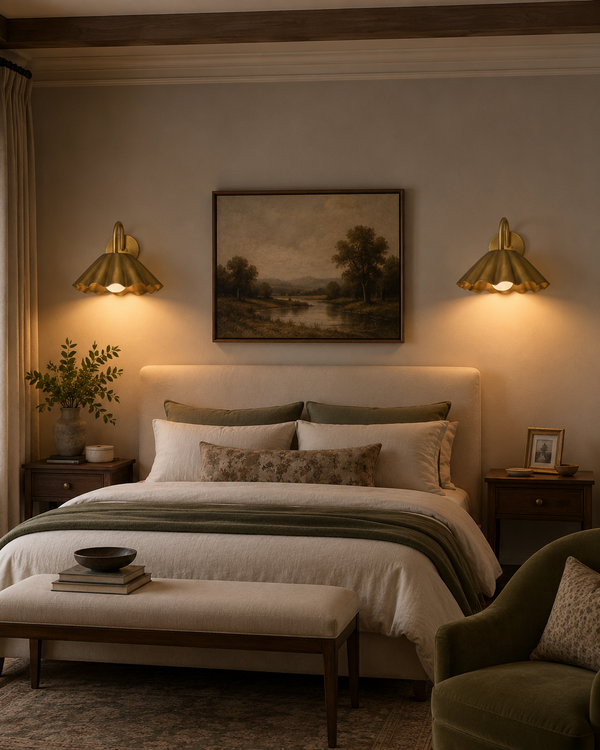 Pair of Sorrento modern brass pleated dome wall sconces installed above bedside tables in a warm contemporary bedroom, providing soft ambient illumination.