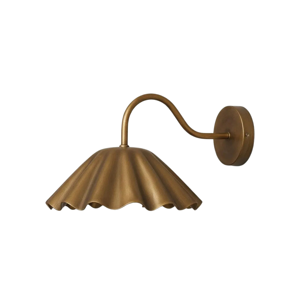 Front view of the Sorrento modern brass wall sconce featuring a handcrafted pleated dome shade, curved arm, and frosted globe diffuser.