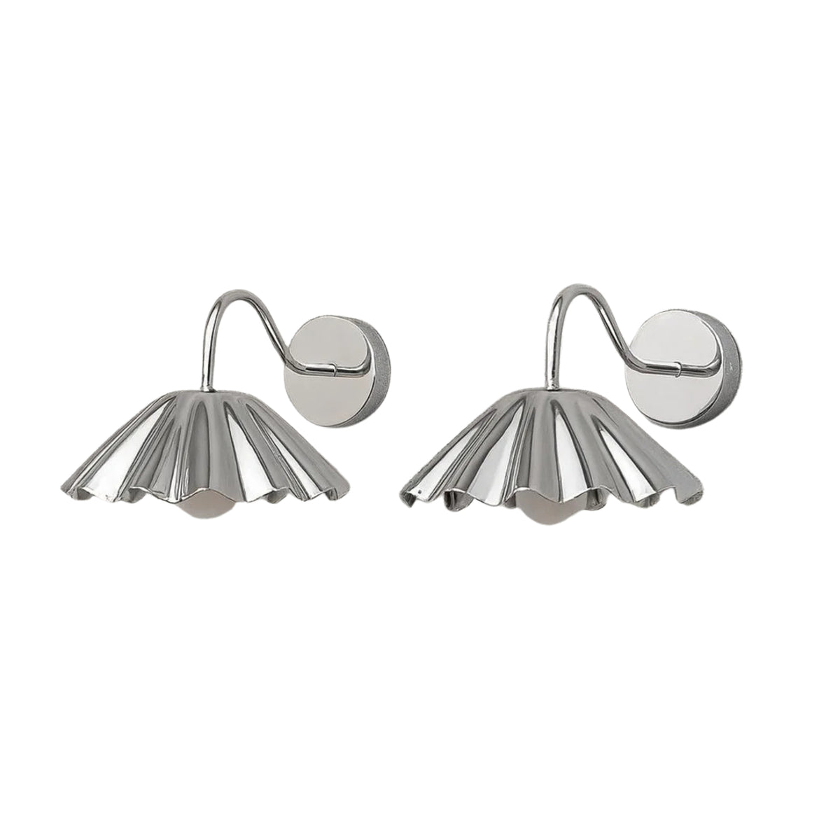 Pair of polished nickel pleated dome wall sconces with sculptural curved arms and frosted globe diffusers for modern interiors.
