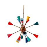 Angled view of Stockholm 16 light Sputnik chandelier featuring colorful cone shades and a sculptural brass-tone frame.