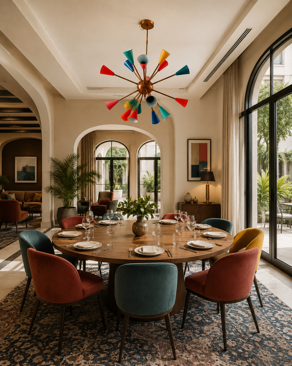 Stockholm 16 light multicolor Sputnik chandelier centered above a large wood dining table in an elegant contemporary dining room.