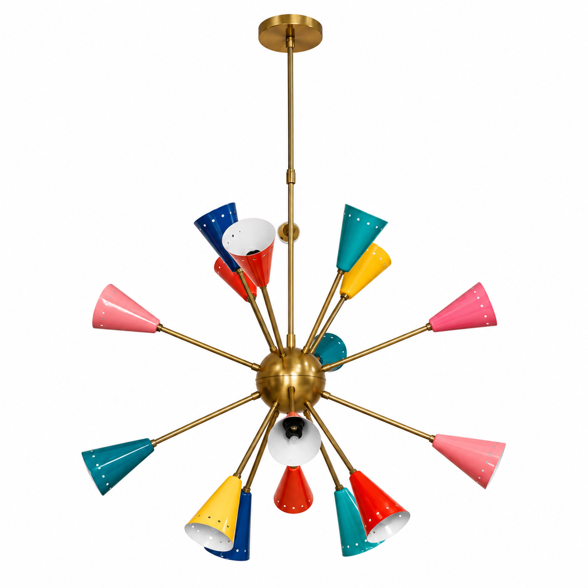 Stockholm 16 light multicolor Sputnik chandelier with brass-tone radial arms and colorful tapered cone shades.