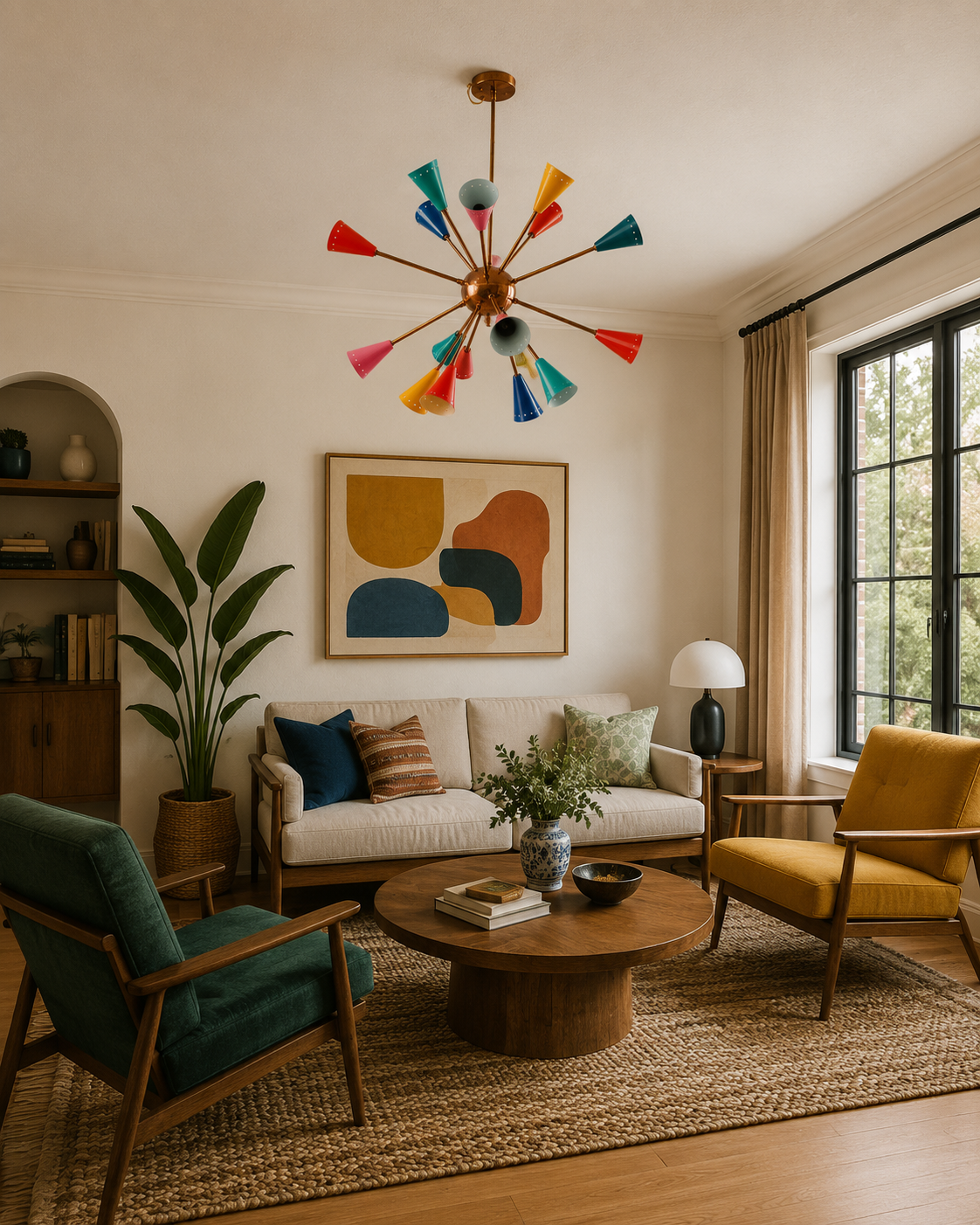 Stockholm 16 light multicolor Sputnik chandelier displayed in a bright Mid-Century Modern living room with colorful accent furniture.