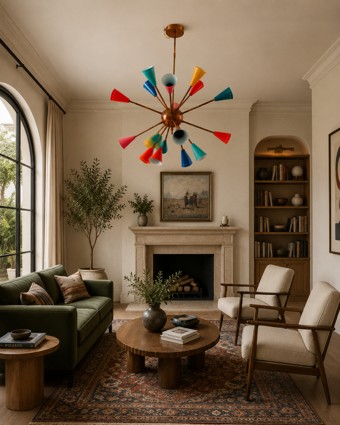 Stockholm 16 light multicolor Sputnik chandelier displayed in a refined living lounge with warm wood furniture and eclectic decor.