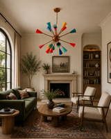 Stockholm 16 light multicolor Sputnik chandelier displayed in a refined living lounge with warm wood furniture and eclectic decor.