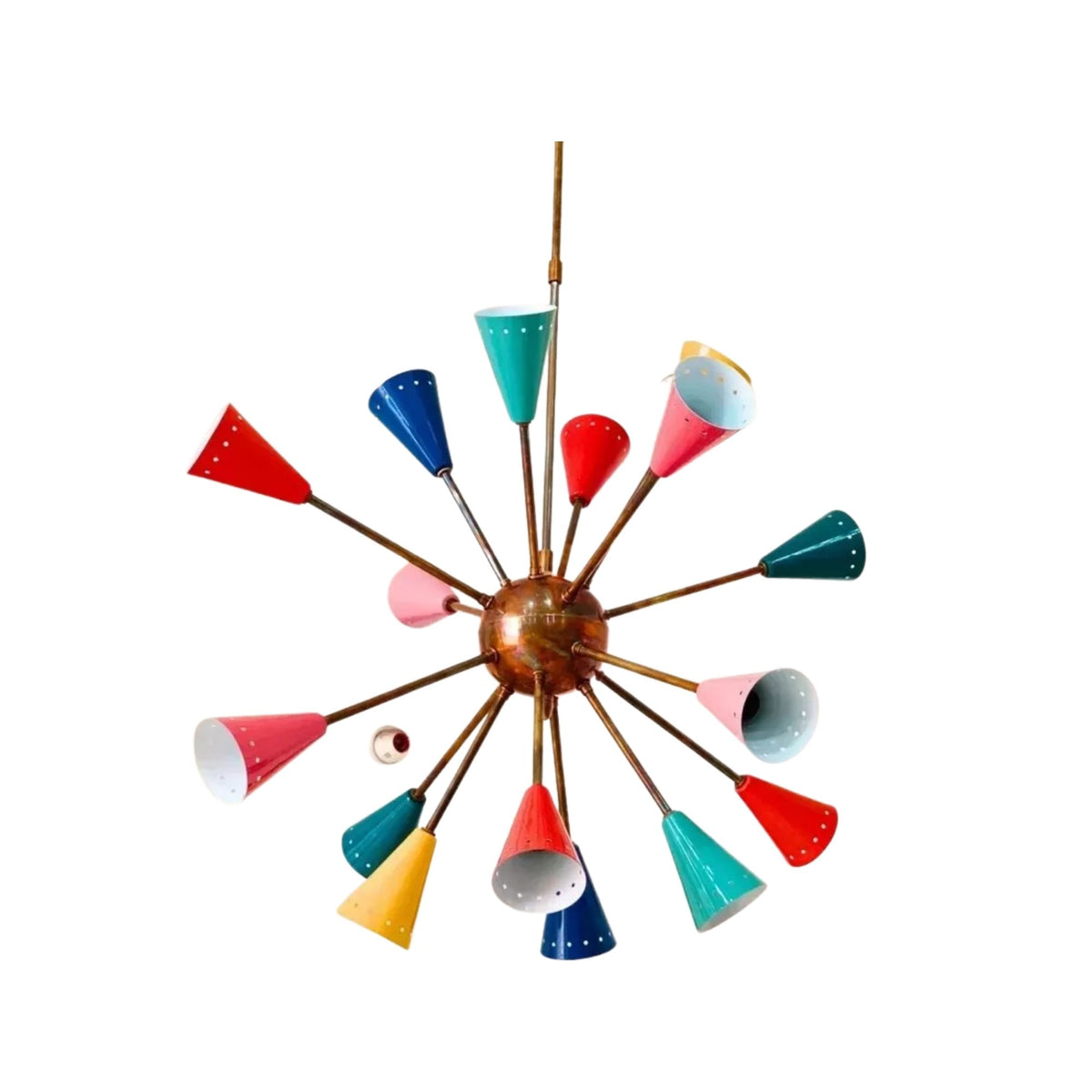 Stockholm 16 light multicolor chandelier shown from the side with radial brass-tone arms and vibrant tapered shades.