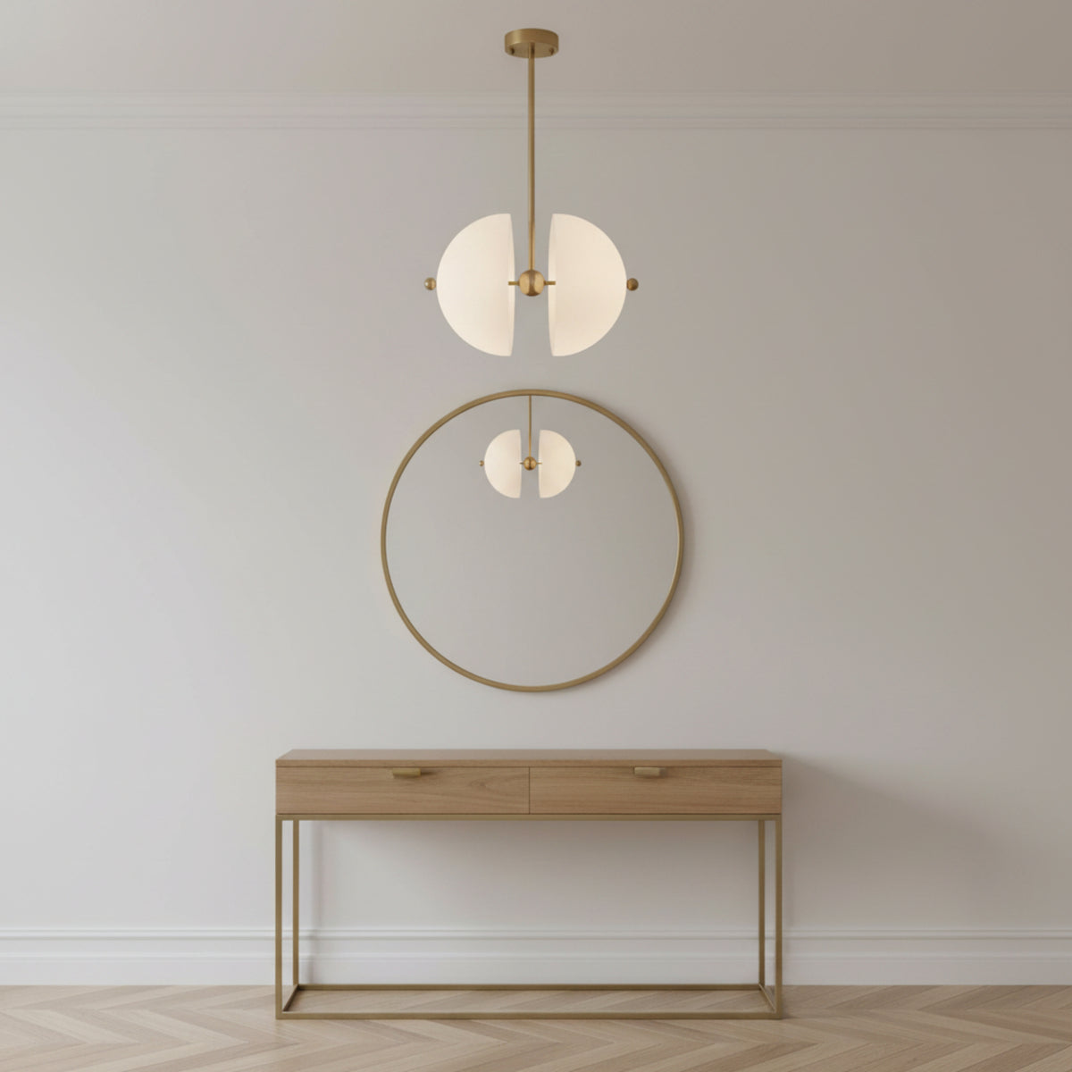 Stockholm 4 light white metal split dome chandelier shown from an angled view highlighting its sculptural brass framework.