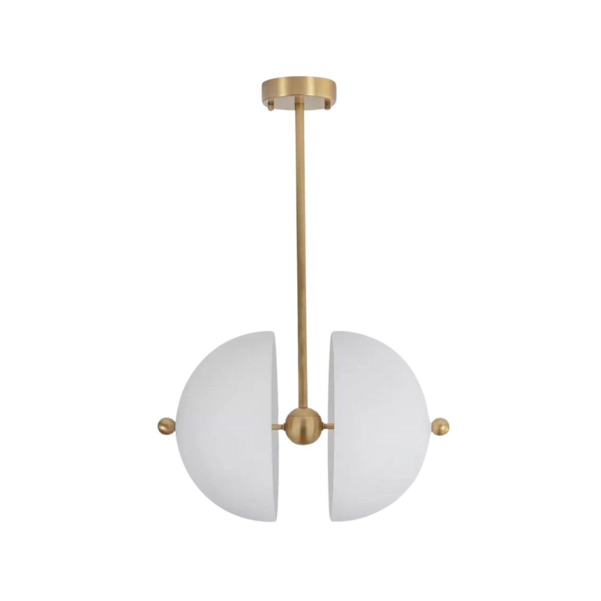 Stockholm 4 light white metal split dome chandelier shown from the front with a brass stem and central sphere.