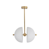 Stockholm 4 light white metal split dome chandelier shown from the front with a brass stem and central sphere.