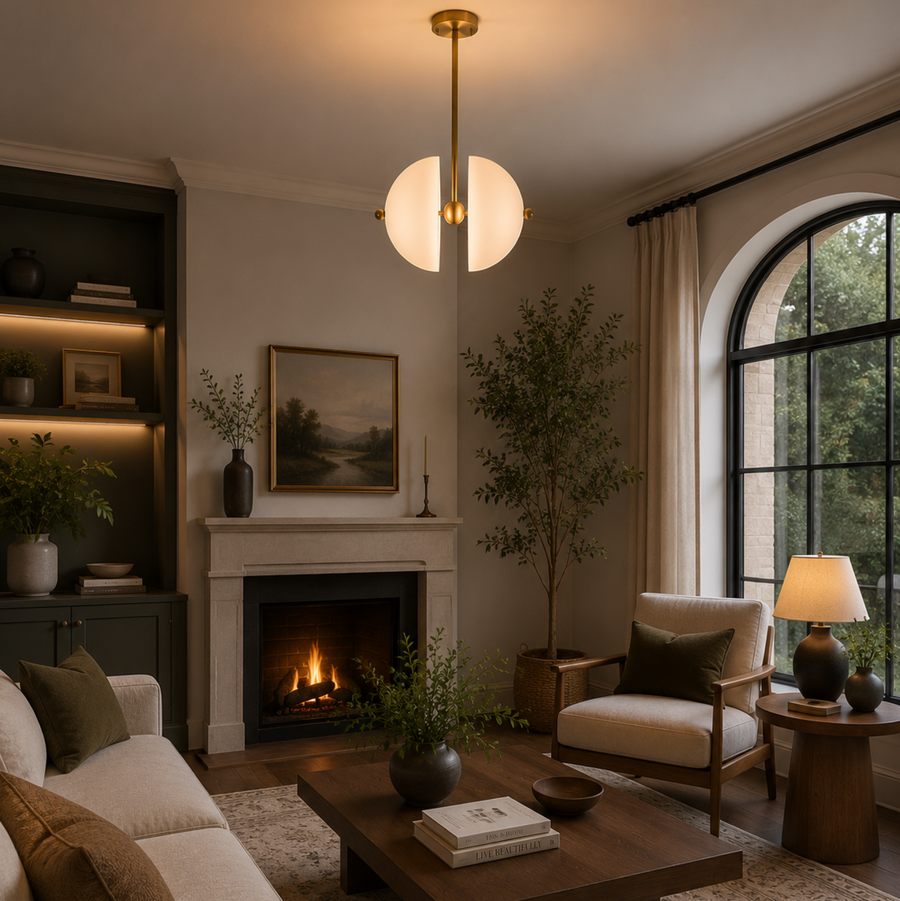 Stockholm 4 light white metal split dome chandelier illuminated in an elegant modern living room with warm ambient lighting.
