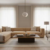 Stockholm 4 light white metal chandelier shown from the side highlighting the curved split dome shade profile.