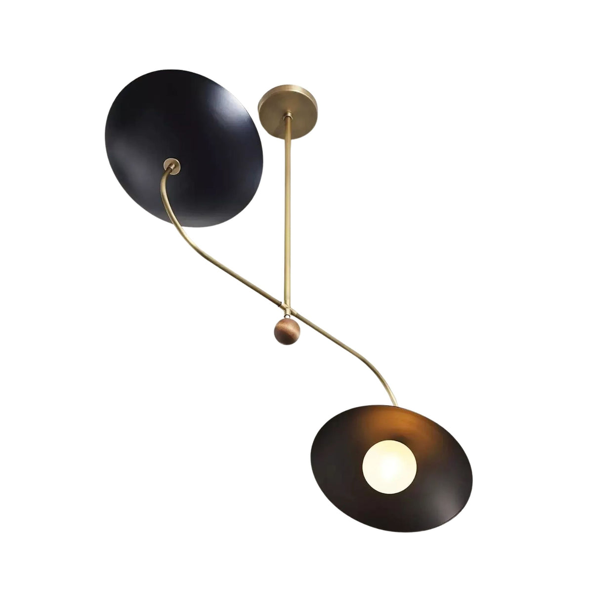 Strasbourg 2 light sculptural chandelier shown from below highlighting the wide black disc shades, brass-tone frame, and central wood-tone accent.