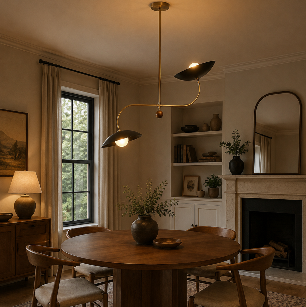 Strasbourg 2 light black disc chandelier installed above a round dining table in a warm Mid-Century Modern dining room.