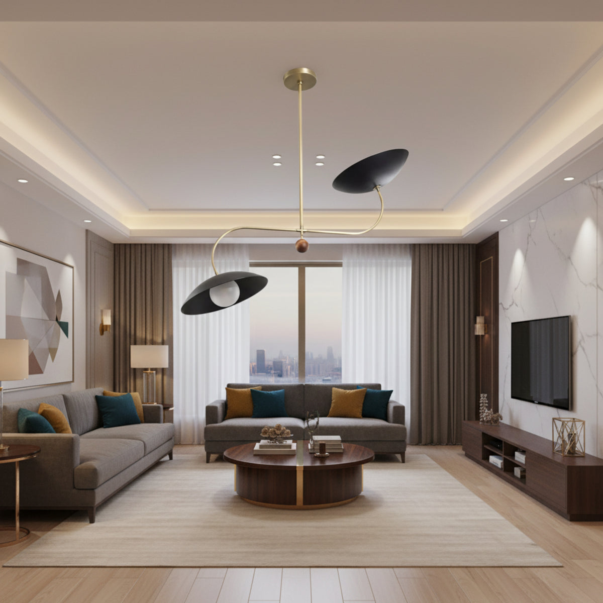 Strasbourg 2 light black disc chandelier shown from the front with asymmetrical curved brass-tone arms and wood-tone spherical accent.