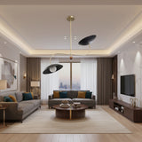Strasbourg 2 light black disc chandelier shown from the front with asymmetrical curved brass-tone arms and wood-tone spherical accent.
