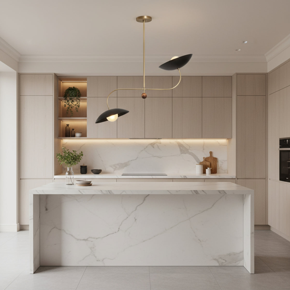 Strasbourg 2 light black disc chandelier shown illuminated from an angled view with curved brass-tone arms and exposed globe bulbs.