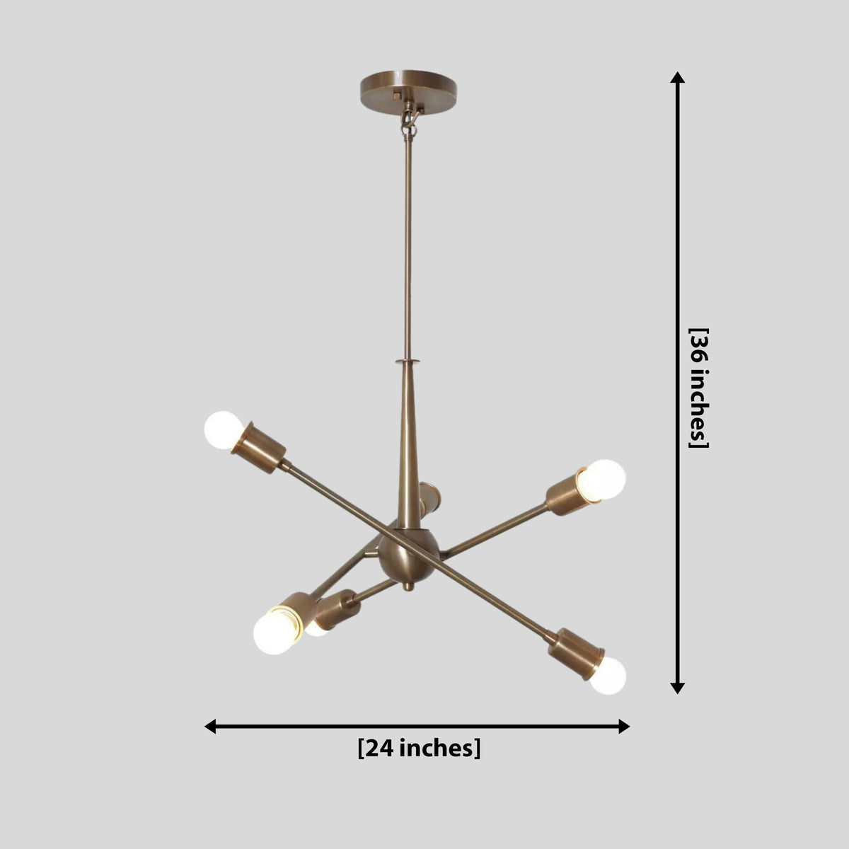 Strasbourg 6 light Sputnik chandelier dimension view showing 24 inch width and 36 inch overall height.