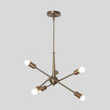 Strasbourg 6 light antique brass Sputnik chandelier with sculptural multi-directional arms and exposed globe bulbs.